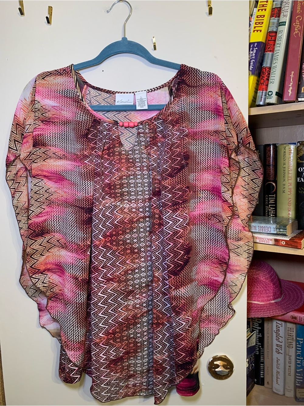 Kim Rogers Pink Brown Printed Chiffon Blouse